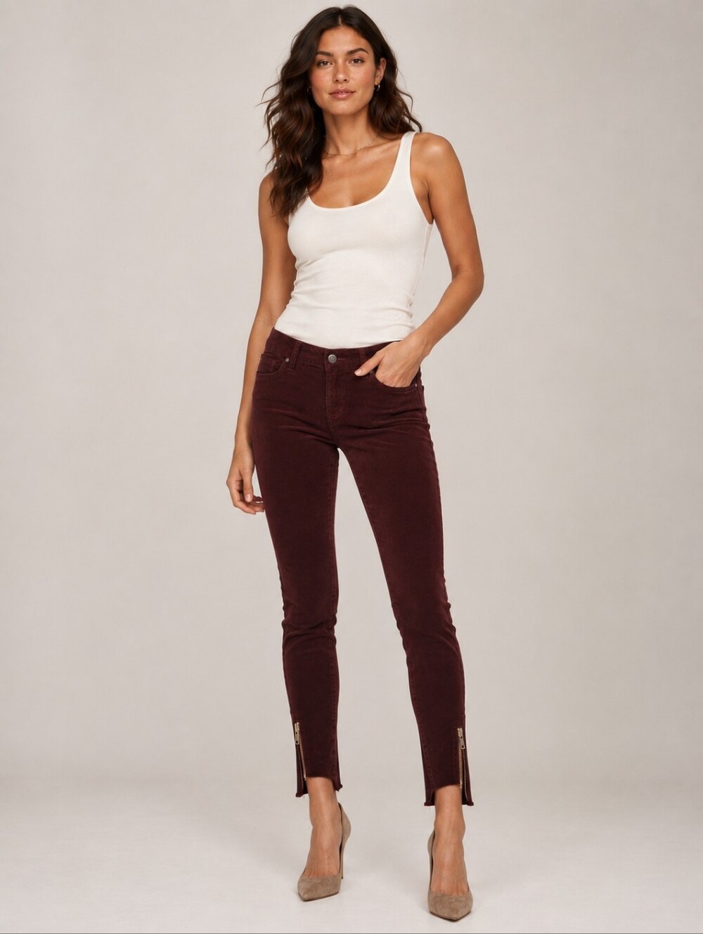❤️ DEAR JOHN VELVET ZIP STEP HEM ANKLE JEANS, BURGUNDY, 2 (26)